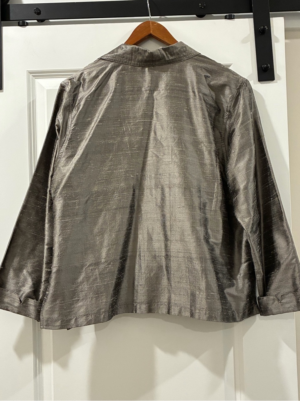 💯 Silk Large Evening Formal top Silver Metallic Gray Button-down Blouse w/collar - Picture 13 of 16